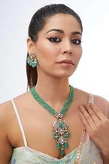Gold Finish Kundan Polki & Green Carved Stone Long Necklace Set