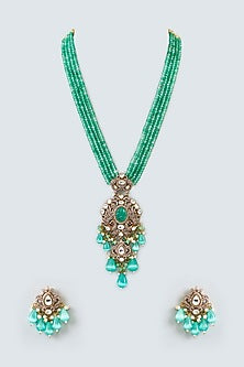 Gold Finish Kundan Polki & Green Carved Stone Long Necklace Set