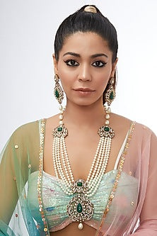 Gold Finish Kundan Polki & Pearl String Long Necklace Set