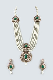 Gold Finish Kundan Polki & Pearl String Long Necklace Set