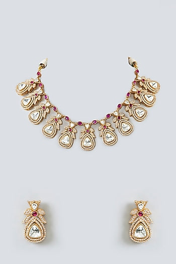 Gold Finish Kundan Polki & Zircon Choker Necklace Set