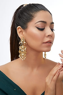 Gold Finish Pearl & White Stone Temple Dangler Earrings