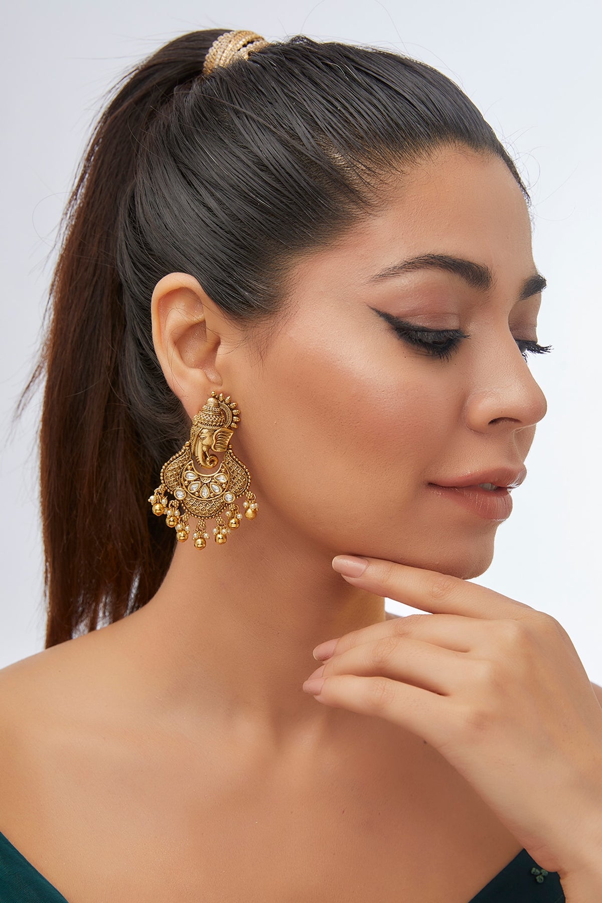 Gold Finish Pearl & White Stone Temple Dangler Earrings
