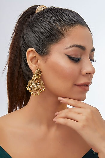 Gold Finish Pearl & White Stone Temple Dangler Earrings