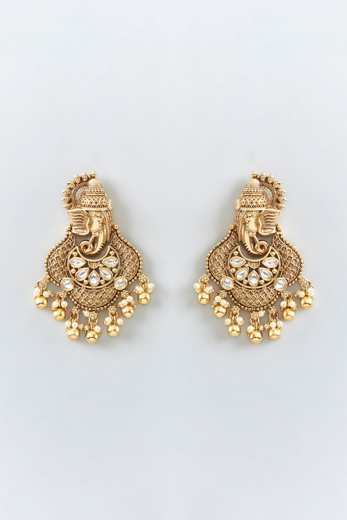 Gold Finish Pearl & White Stone Temple Dangler Earrings