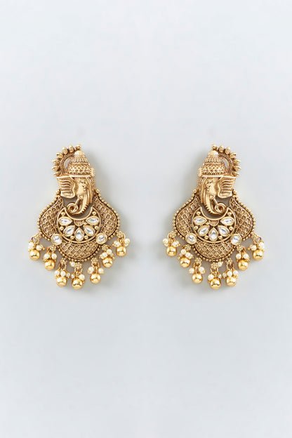 Gold Finish Pearl & White Stone Temple Dangler Earrings