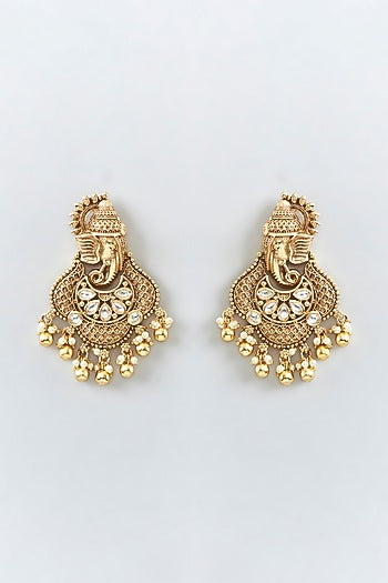 Gold Finish Pearl & White Stone Temple Dangler Earrings
