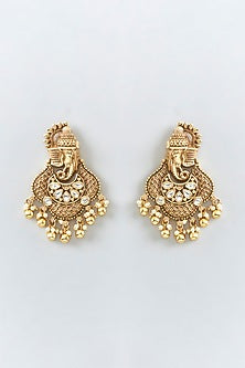 Gold Finish Pearl & White Stone Temple Dangler Earrings