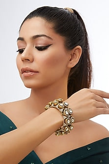 Gold Finish Kundan Polki & Zircon Bangles (Set Of 2)