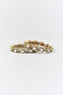 Gold Finish Kundan Polki & Zircon Bangles (Set Of 2)