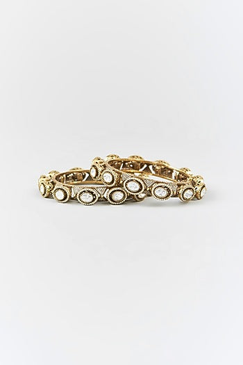 Gold Finish Kundan Polki & Zircon Bangles (Set Of 2)