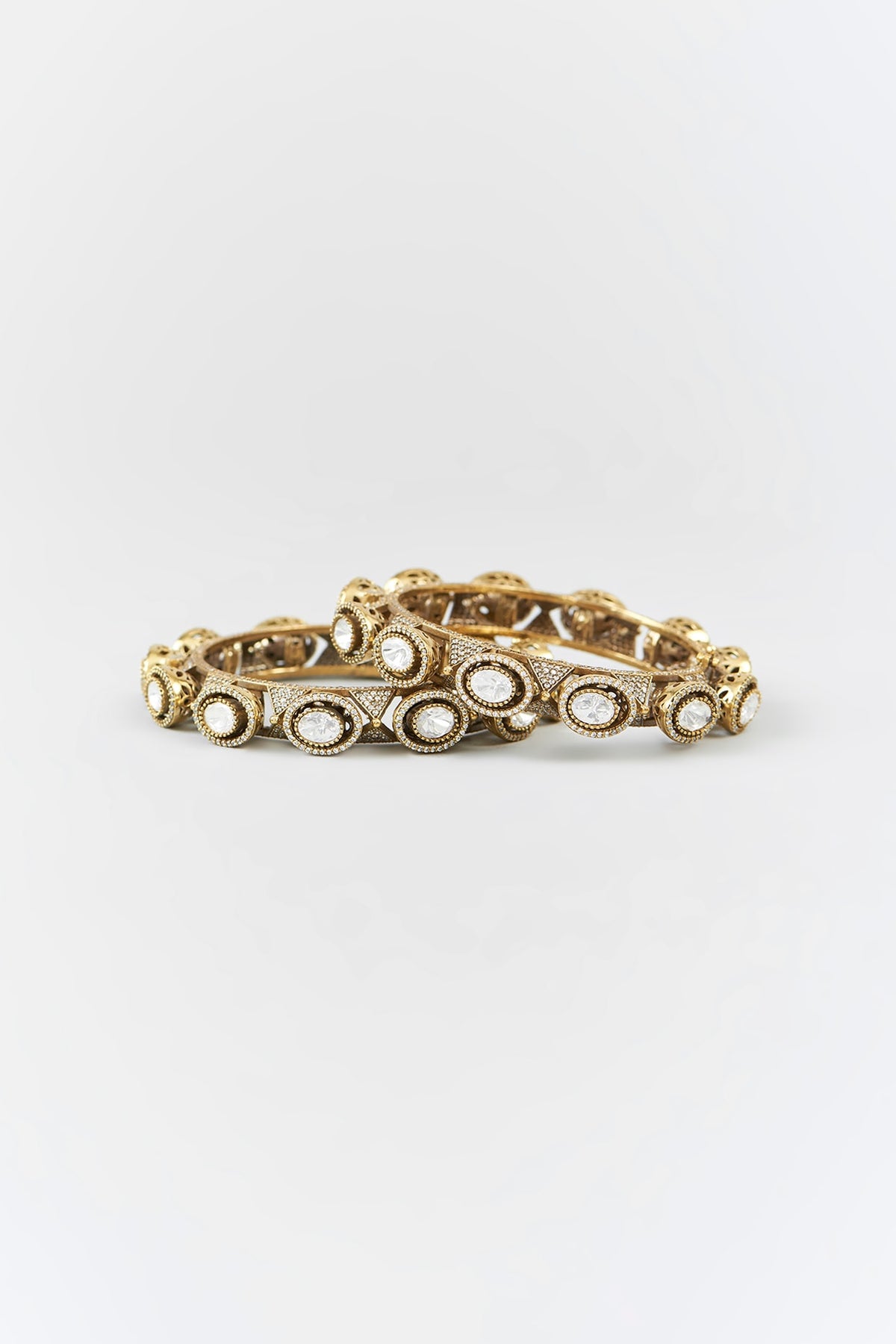 Gold Finish Kundan Polki & Zircon Bangles (Set Of 2)