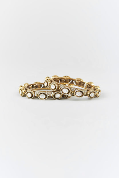 Gold Finish Kundan Polki & Zircon Bangles (Set Of 2)