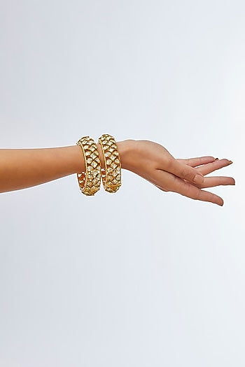 Gold Finish Kundan Polki Enameled Bangles (Set Of 2)