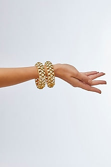Gold Finish Kundan Polki Enameled Bangles (Set Of 2)