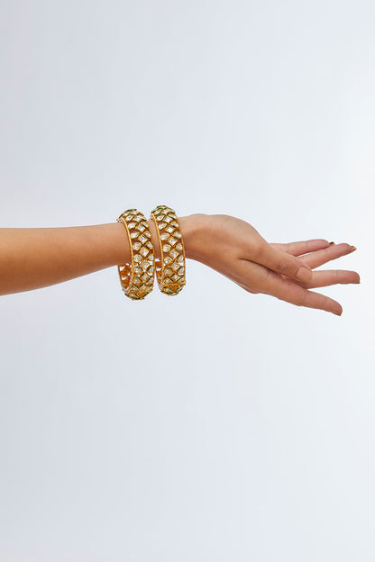 Gold Finish Kundan Polki Enameled Bangles (Set Of 2)
