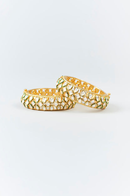 Gold Finish Kundan Polki Enameled Bangles (Set Of 2)