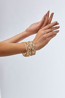 Gold Finish Floral Motifs & Kundan Polki Bangles (Set Of 2)