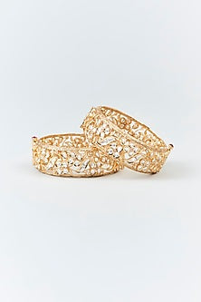Gold Finish Floral Motifs & Kundan Polki Bangles (Set Of 2)