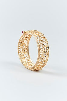 Gold Finish Floral Motifs & Kundan Polki Bangles (Set Of 2)