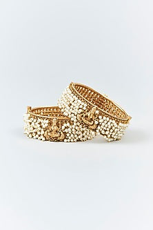 Gold Finish Laxmi Motif & Pearl Temple Bangles (Set Of 2)