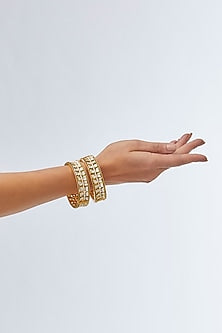 Gold Finish Kundan Polki & Pearl Bangles (Set Of 2)