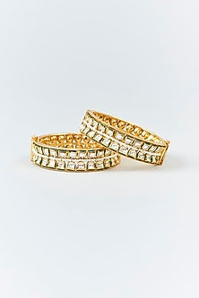 Gold Finish Kundan Polki & Pearl Bangles (Set Of 2)