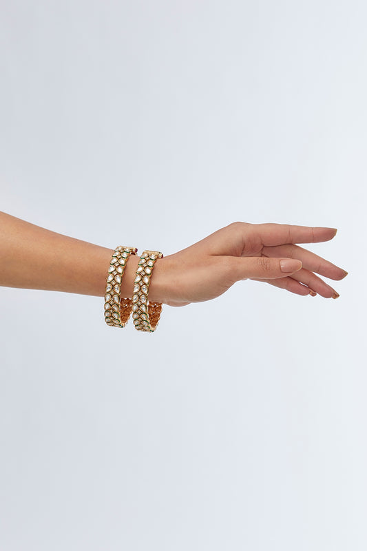 Gold Finish White Kundan Polki Meenakari Bangles (Set Of 2)
