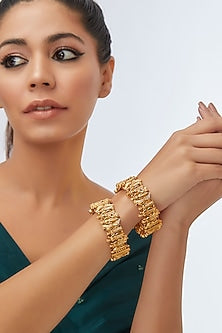 Gold Finish Ruby & Motif Bangles (Set Of 2)