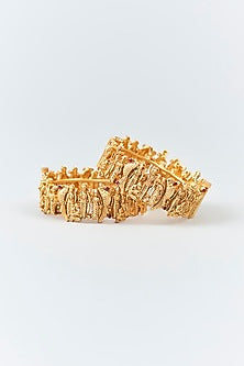 Gold Finish Ruby & Motif Bangles (Set Of 2)