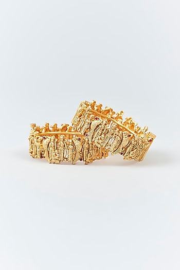 Gold Finish Ruby & Motif Bangles (Set Of 2)