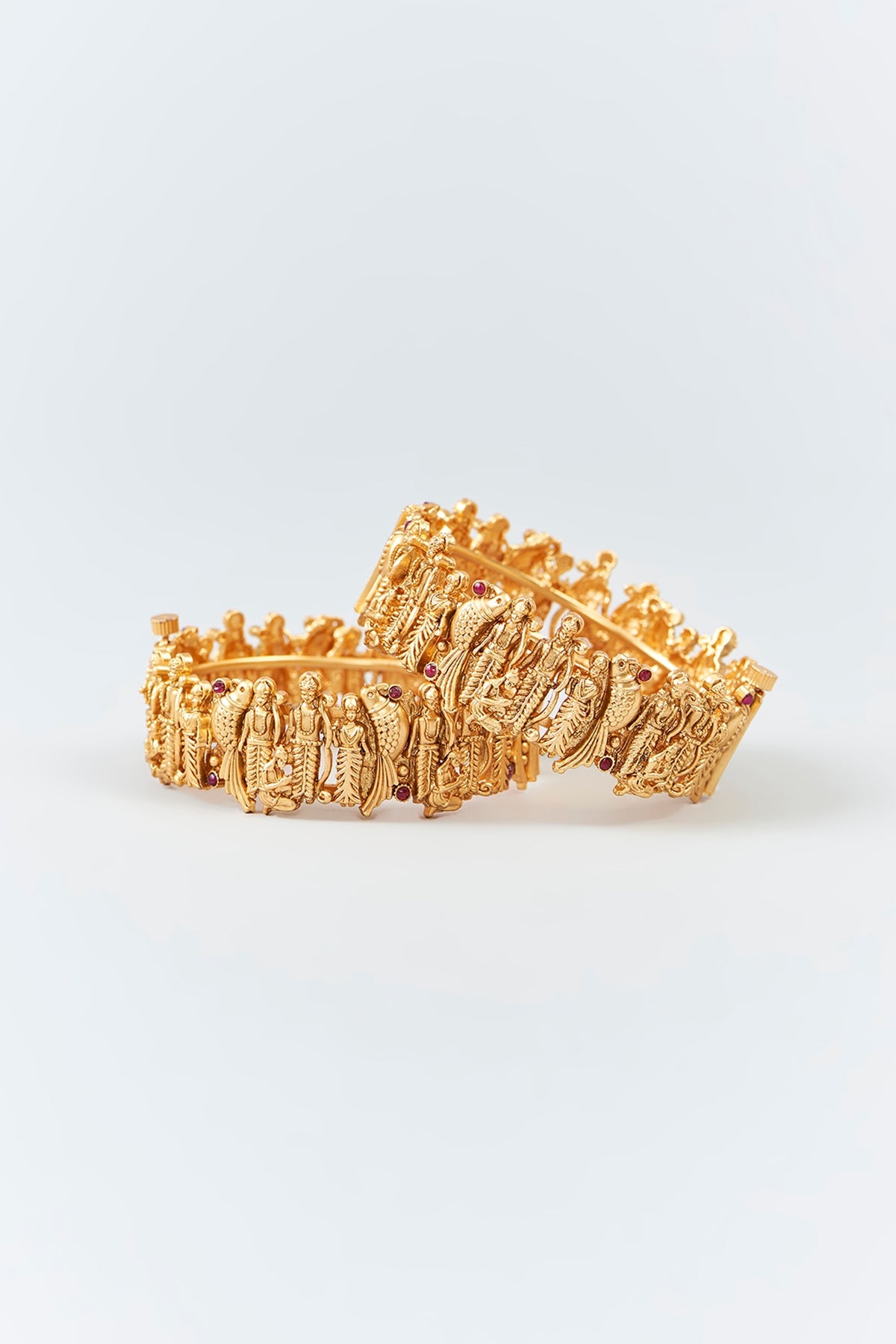 Gold Finish Ruby & Motif Bangles (Set Of 2)