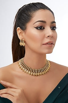 Gold Finish Laxmi Ji Motif Temple Choker Necklace Set