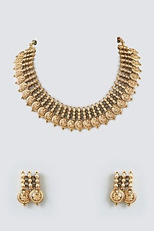 Gold Finish Laxmi Ji Motif Temple Choker Necklace Set