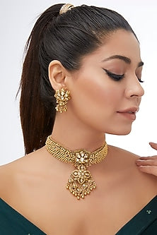 Gold Finish Floral Motif & Zircon Temple Choker Necklace Set