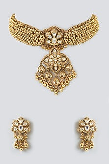 Gold Finish Floral Motif & Zircon Temple Choker Necklace Set