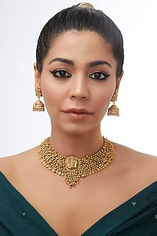Gold Finish Ram Darbar Motif & Metal Ball Temple Choker Necklace Set