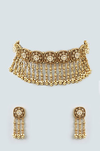 Gold Finish Piroi Work Temple Choker Necklace Set