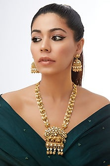 Gold Finish Pearl & Green Stone Long Necklace Set