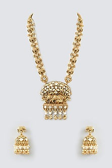 Gold Finish Pearl & Green Stone Long Necklace Set