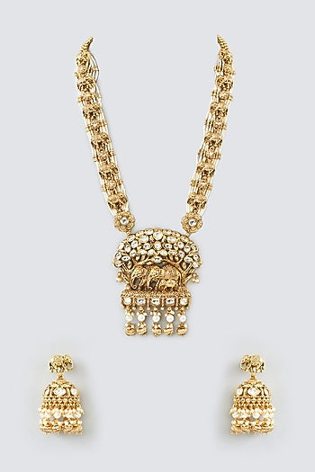 Gold Finish Pearl & Green Stone Long Necklace Set