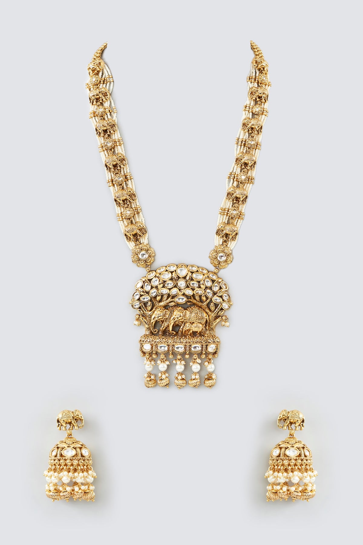 Gold Finish Pearl & Green Stone Long Necklace Set