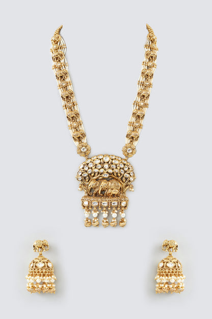 Gold Finish Pearl & Green Stone Long Necklace Set