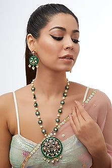 Gold Finish Green & Red Stone Long Necklace Set