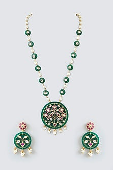 Gold Finish Green & Red Stone Long Necklace Set