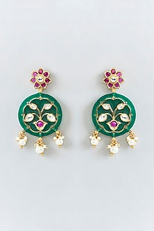 Gold Finish Green & Red Stone Long Necklace Set