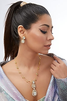 Gold Finish Kundan Polki & Zircon Long Necklace Set