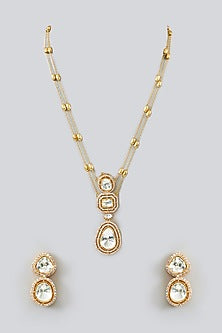 Gold Finish Kundan Polki & Zircon Long Necklace Set
