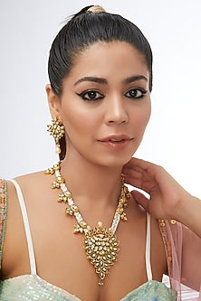 Gold Finish Kundan Polki & Zircon Long Necklace Set