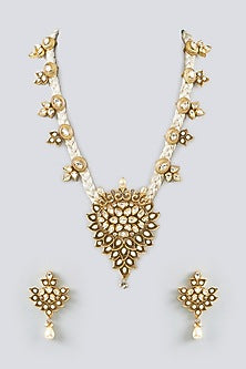 Gold Finish Kundan Polki & Zircon Long Necklace Set